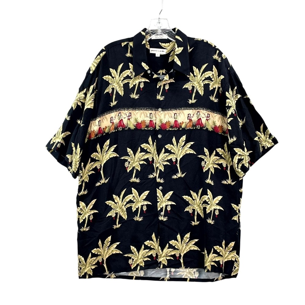 Vintage Pierre Cardin Shirt Mens Large Black Hula‎ Dancers Palm Tree Hawaiian